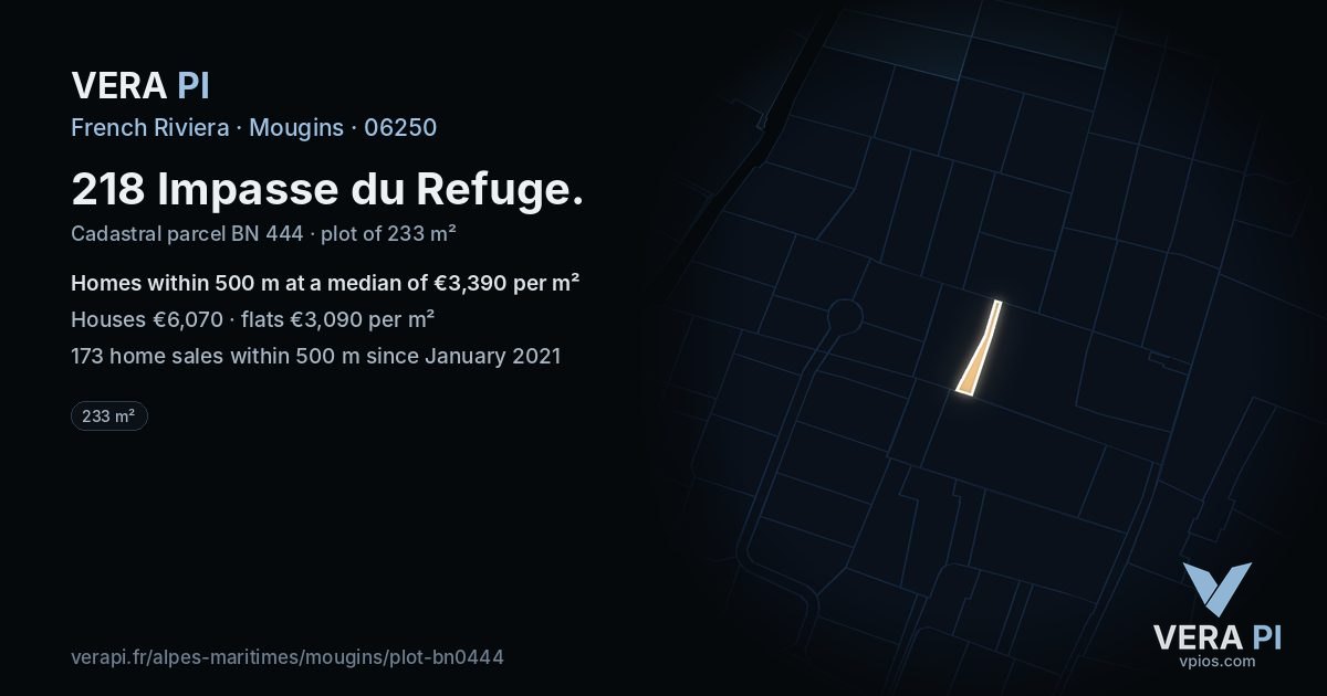 218 Impasse du Refuge, Mougins at night – the plot lit, the parcels around coloured by the prices near them