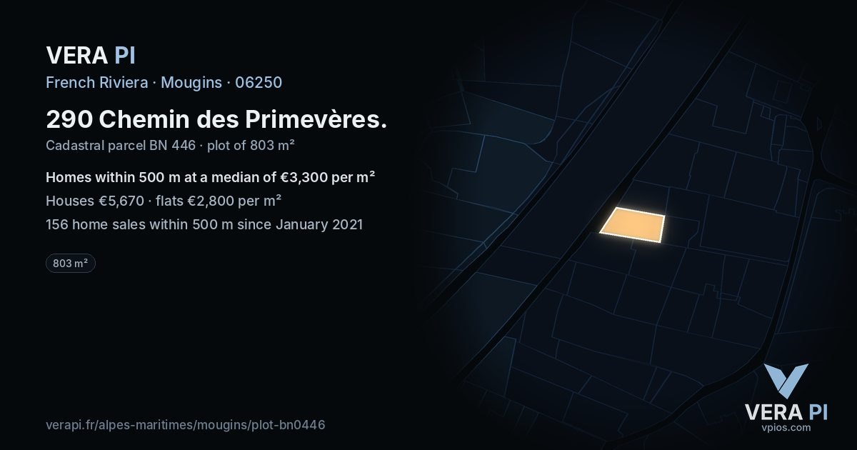 290 Chemin des Primevères, Mougins at night – the plot lit, the parcels around coloured by the prices near them
