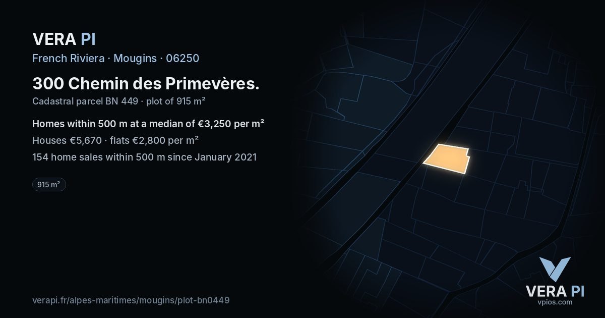 300 Chemin des Primevères, Mougins at night – the plot lit, the parcels around coloured by the prices near them
