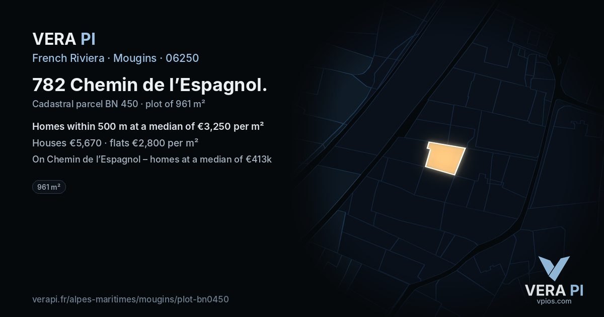 782 Chemin de l’Espagnol, Mougins at night – the plot lit, the parcels around coloured by the prices near them