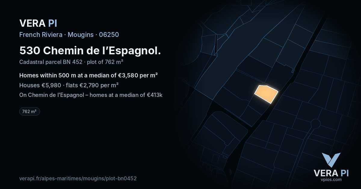 530 Chemin de l’Espagnol, Mougins at night – the plot lit, the parcels around coloured by the prices near them