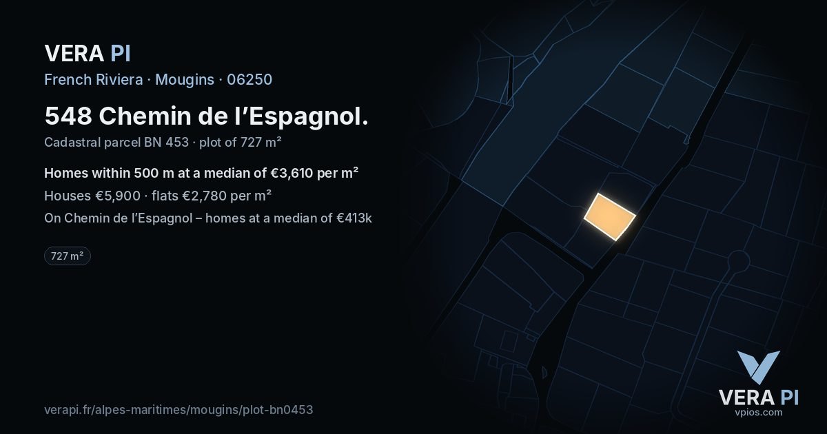 548 Chemin de l’Espagnol, Mougins at night – the plot lit, the parcels around coloured by the prices near them