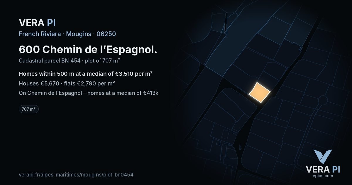 600 Chemin de l’Espagnol, Mougins at night – the plot lit, the parcels around coloured by the prices near them