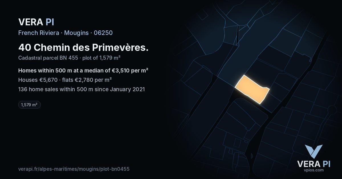 40 Chemin des Primevères, Mougins at night – the plot lit, the parcels around coloured by the prices near them