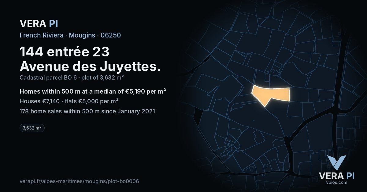 144 entrée 23 Avenue des Juyettes, Mougins at night – the plot lit, the parcels around coloured by the prices near them