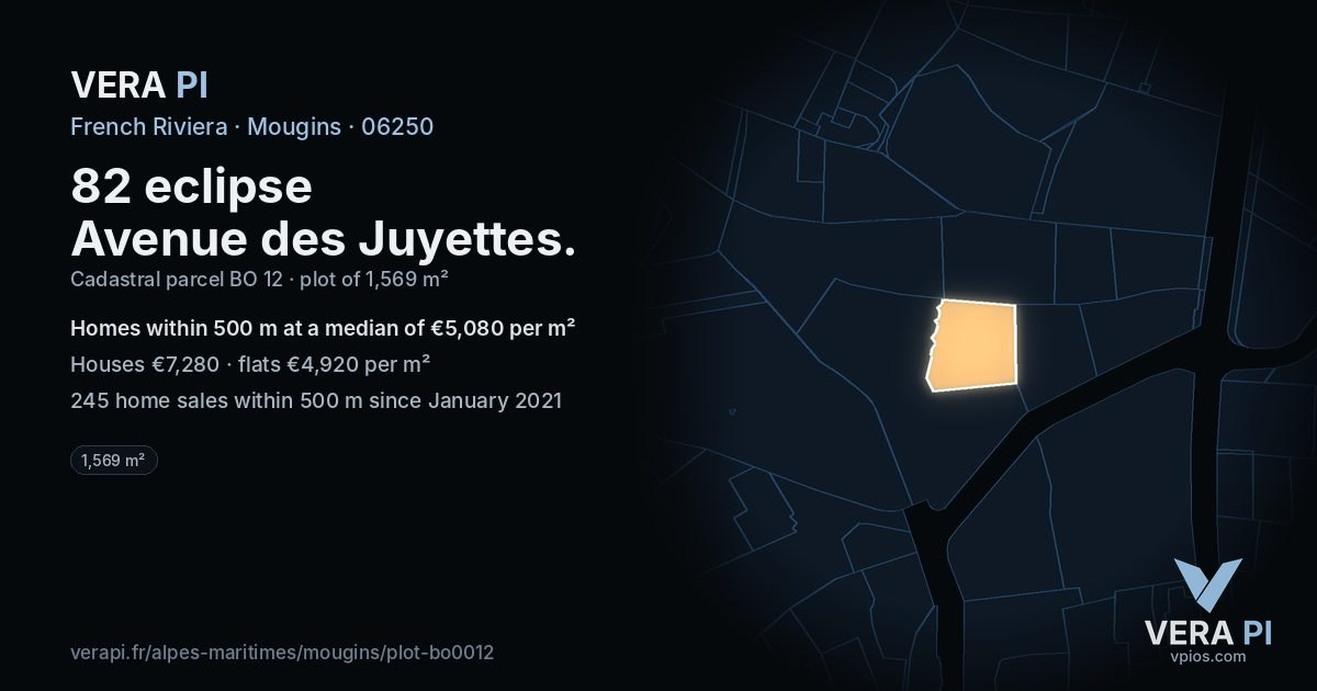 82 eclipse Avenue des Juyettes, Mougins at night – the plot lit, the parcels around coloured by the prices near them