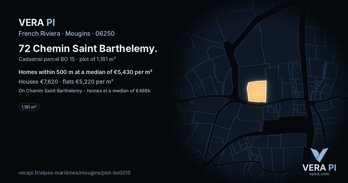72 Chemin Saint Barthelemy, Mougins at night – the plot lit, the parcels around coloured by the prices near them