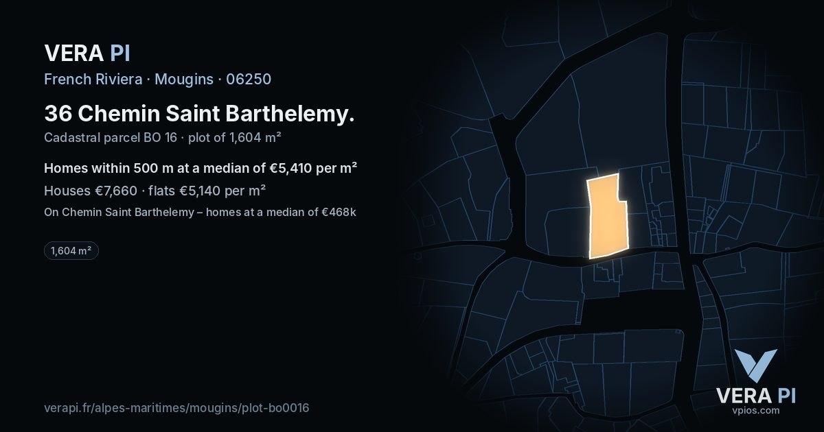 36 Chemin Saint Barthelemy, Mougins at night – the plot lit, the parcels around coloured by the prices near them