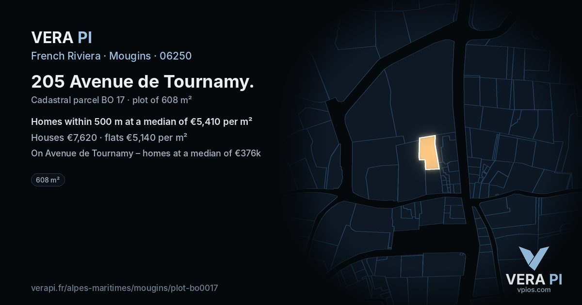 205 Avenue de Tournamy, Mougins at night – the plot lit, the parcels around coloured by the prices near them