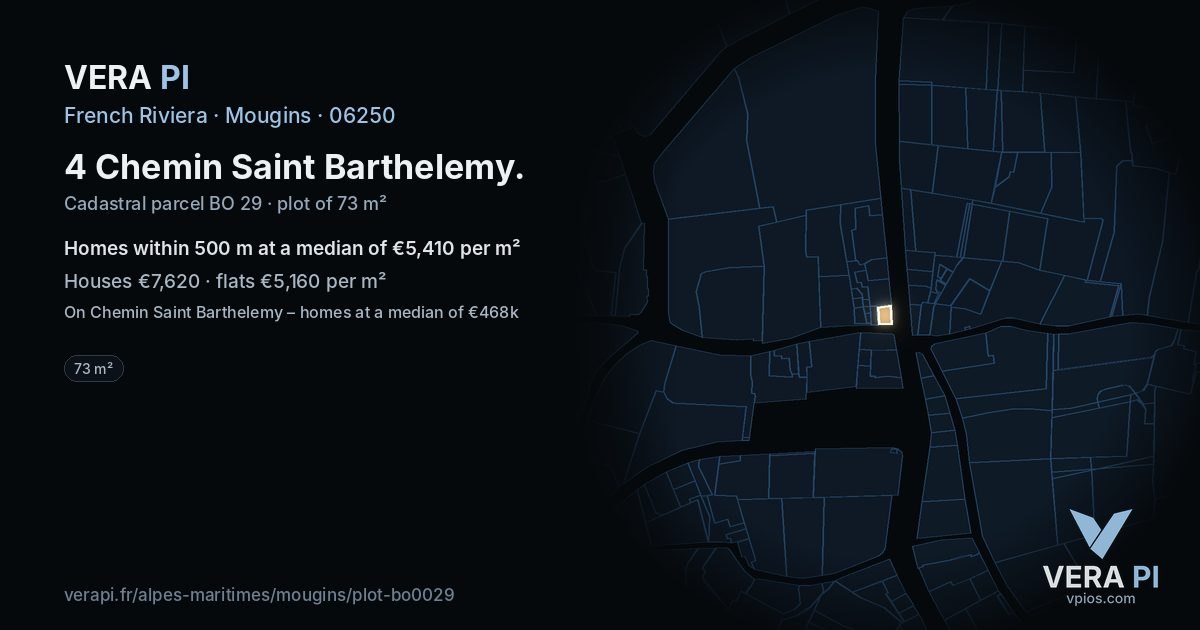 4 Chemin Saint Barthelemy, Mougins at night – the plot lit, the parcels around coloured by the prices near them