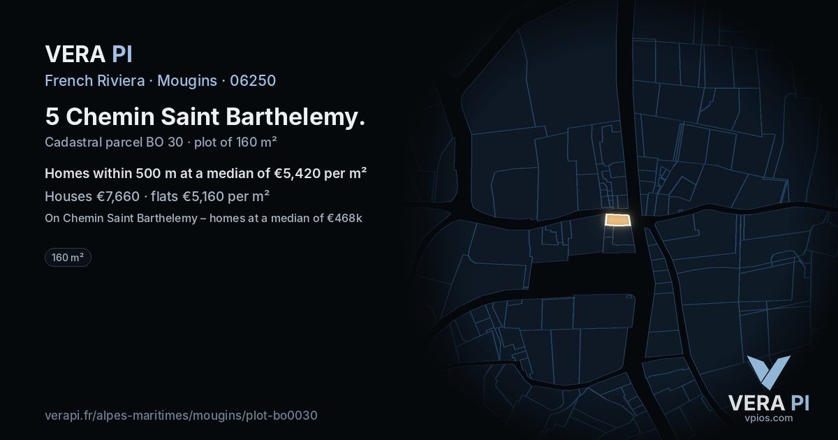5 Chemin Saint Barthelemy, Mougins at night – the plot lit, the parcels around coloured by the prices near them