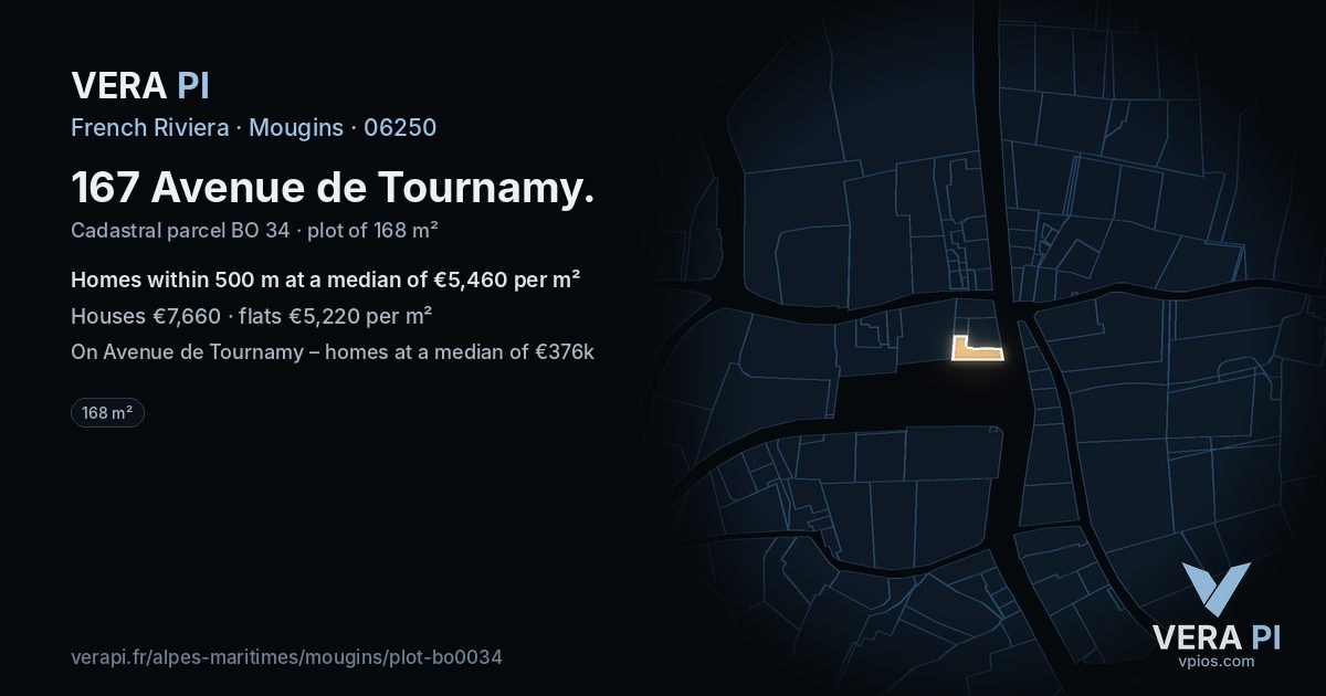 167 Avenue de Tournamy, Mougins at night – the plot lit, the parcels around coloured by the prices near them