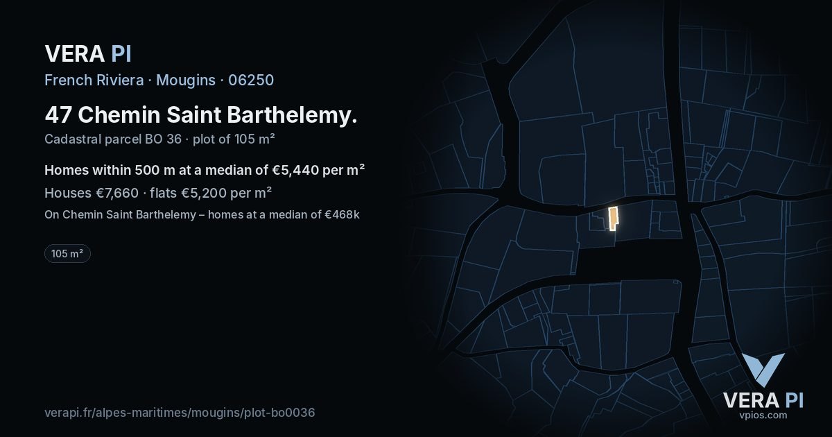 47 Chemin Saint Barthelemy, Mougins at night – the plot lit, the parcels around coloured by the prices near them