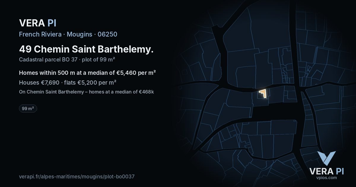 49 Chemin Saint Barthelemy, Mougins at night – the plot lit, the parcels around coloured by the prices near them