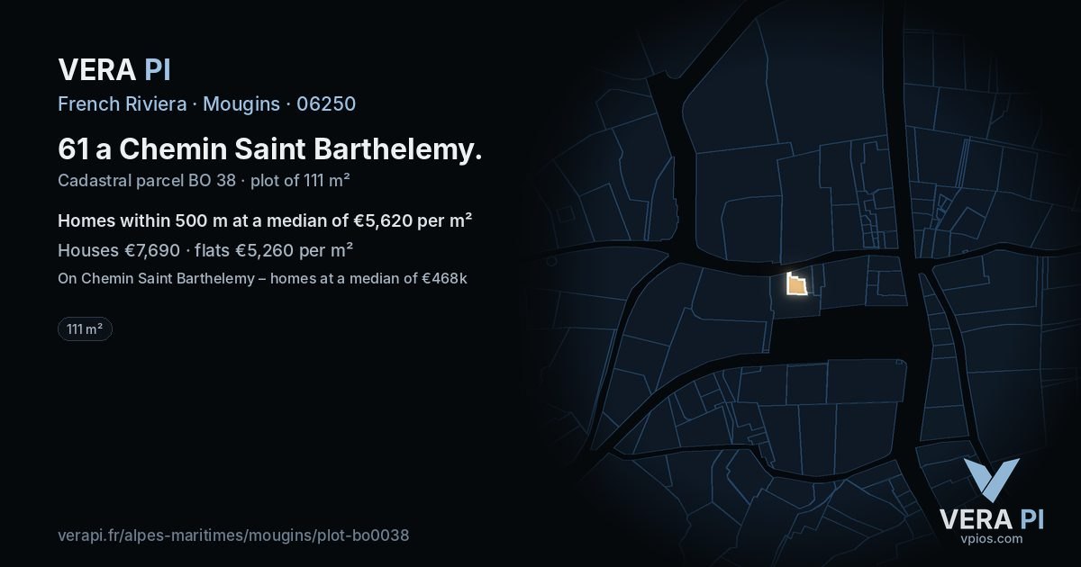 61 a Chemin Saint Barthelemy, Mougins at night – the plot lit, the parcels around coloured by the prices near them