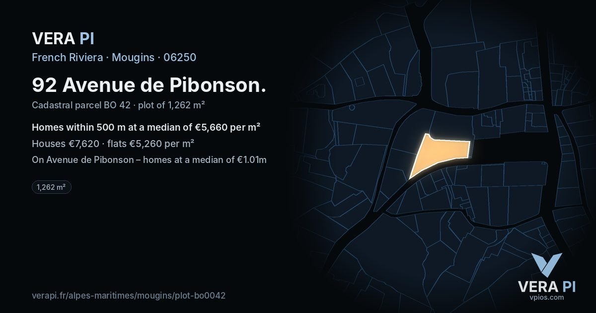 92 Avenue de Pibonson, Mougins at night – the plot lit, the parcels around coloured by the prices near them