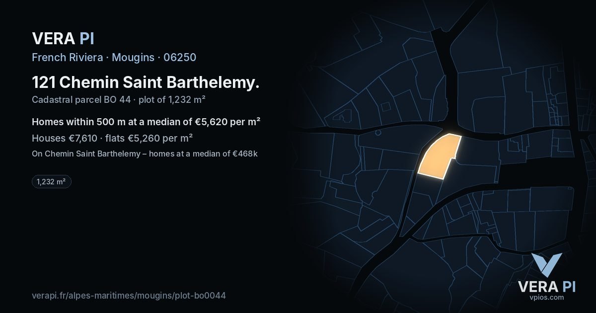 121 Chemin Saint Barthelemy, Mougins at night – the plot lit, the parcels around coloured by the prices near them