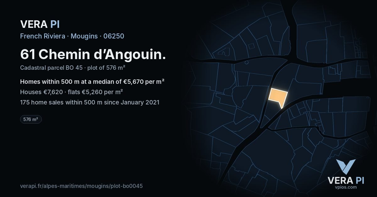 61 Chemin d’Angouin, Mougins at night – the plot lit, the parcels around coloured by the prices near them
