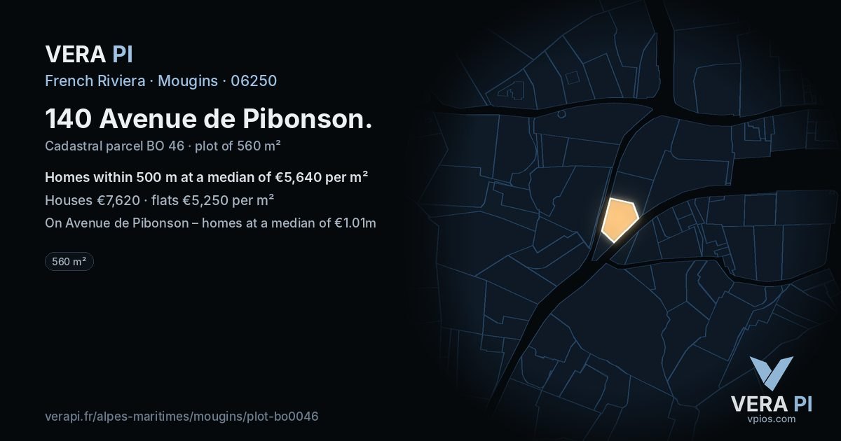 140 Avenue de Pibonson, Mougins at night – the plot lit, the parcels around coloured by the prices near them