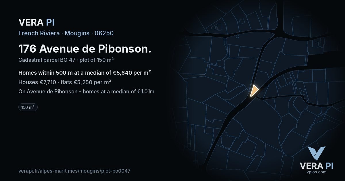 176 Avenue de Pibonson, Mougins at night – the plot lit, the parcels around coloured by the prices near them