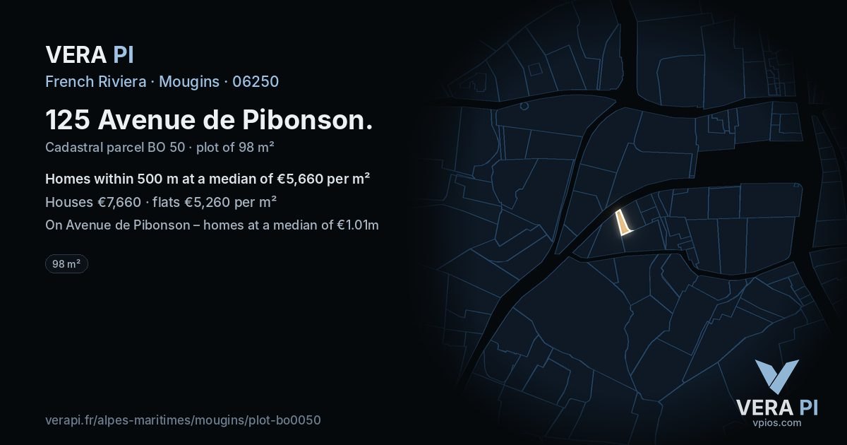125 Avenue de Pibonson, Mougins at night – the plot lit, the parcels around coloured by the prices near them