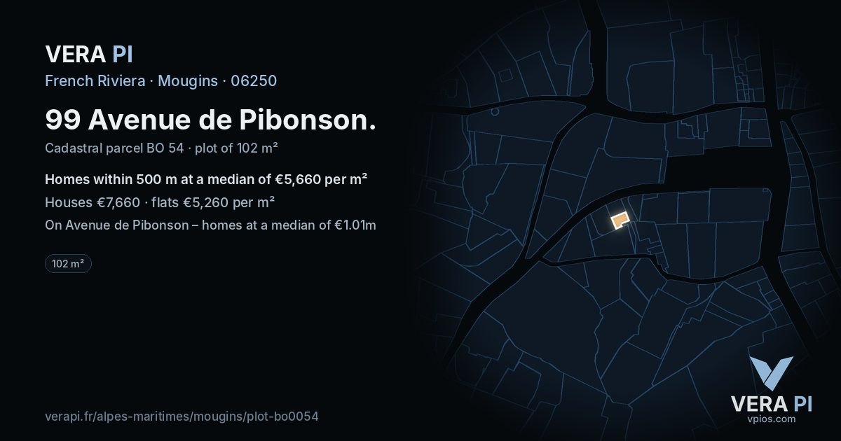 99 Avenue de Pibonson, Mougins at night – the plot lit, the parcels around coloured by the prices near them