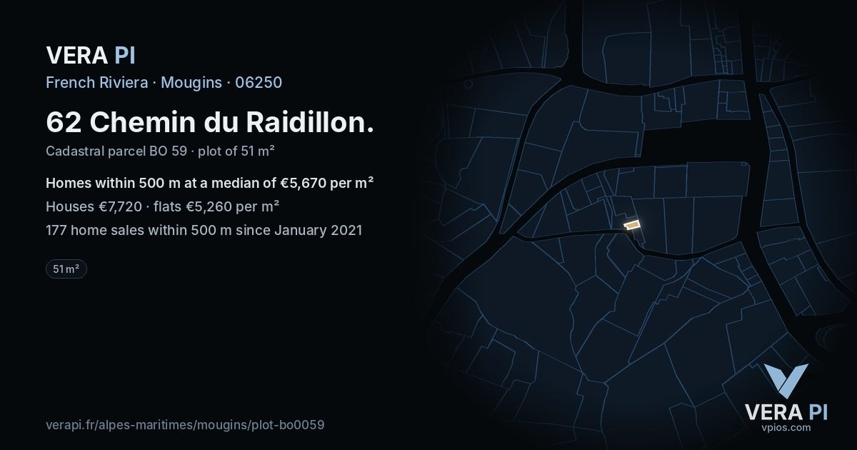 62 Chemin du Raidillon, Mougins at night – the plot lit, the parcels around coloured by the prices near them