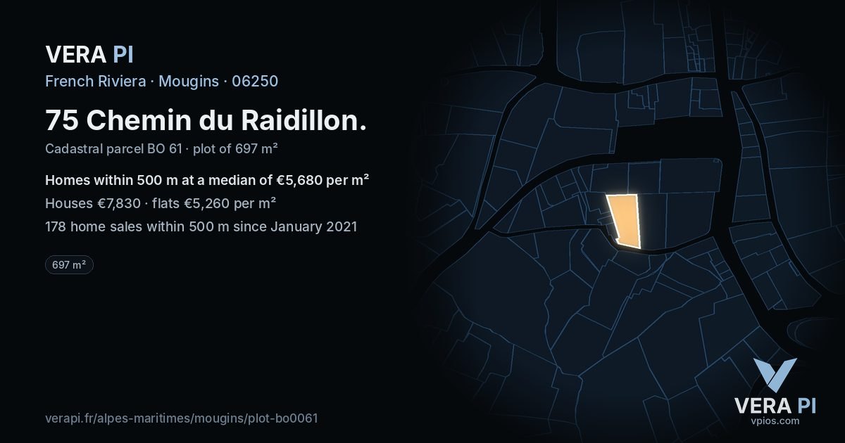 75 Chemin du Raidillon, Mougins at night – the plot lit, the parcels around coloured by the prices near them