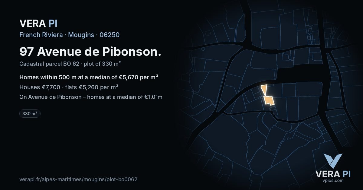 97 Avenue de Pibonson, Mougins at night – the plot lit, the parcels around coloured by the prices near them