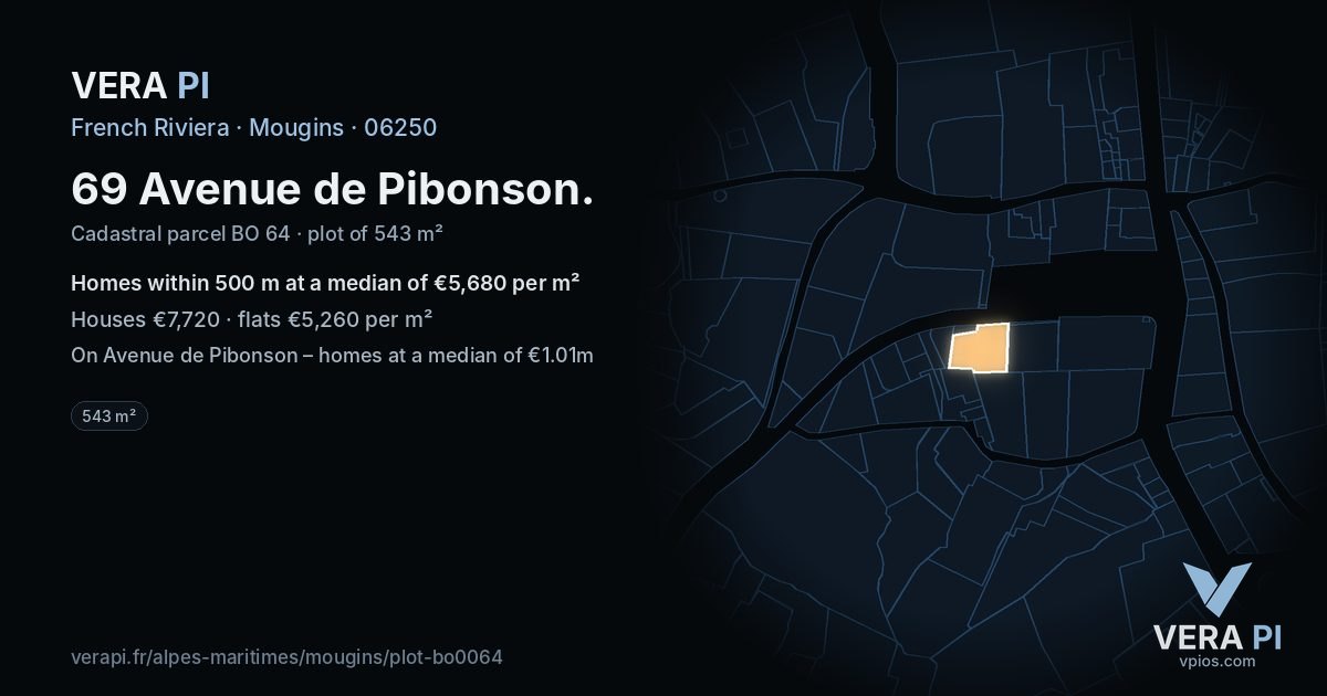69 Avenue de Pibonson, Mougins at night – the plot lit, the parcels around coloured by the prices near them