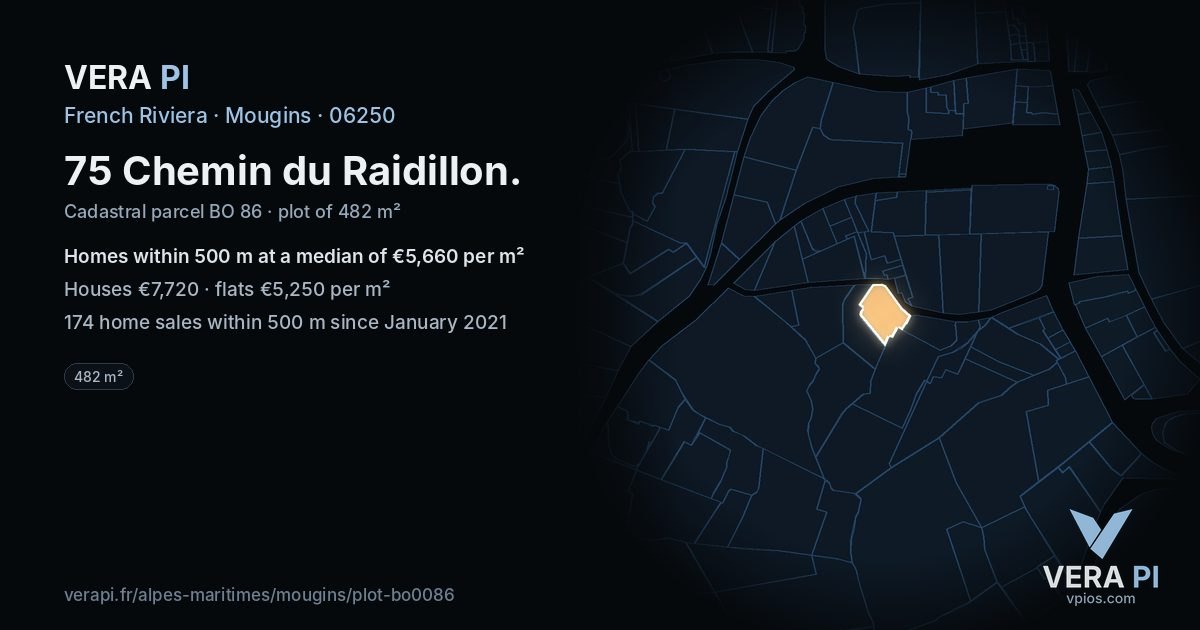 75 Chemin du Raidillon, Mougins at night – the plot lit, the parcels around coloured by the prices near them