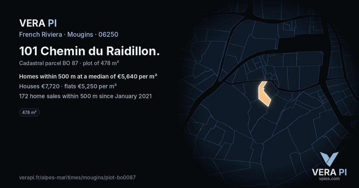 101 Chemin du Raidillon, Mougins at night – the plot lit, the parcels around coloured by the prices near them