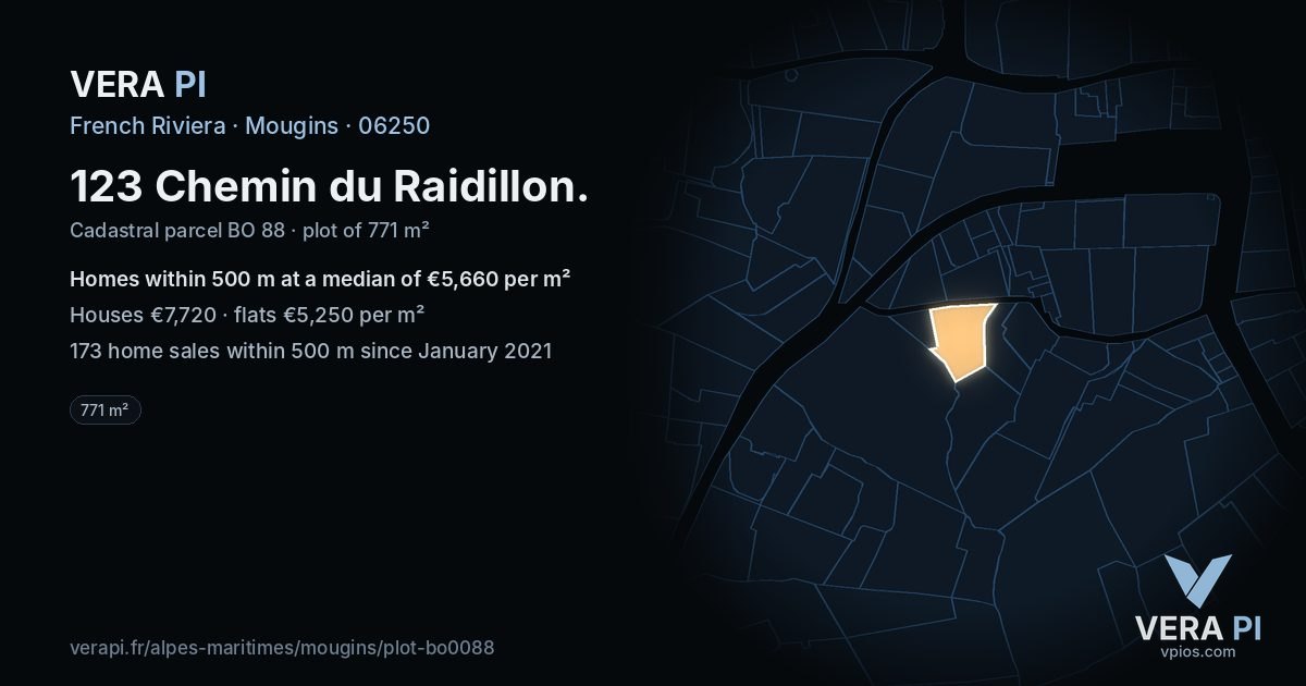 123 Chemin du Raidillon, Mougins at night – the plot lit, the parcels around coloured by the prices near them