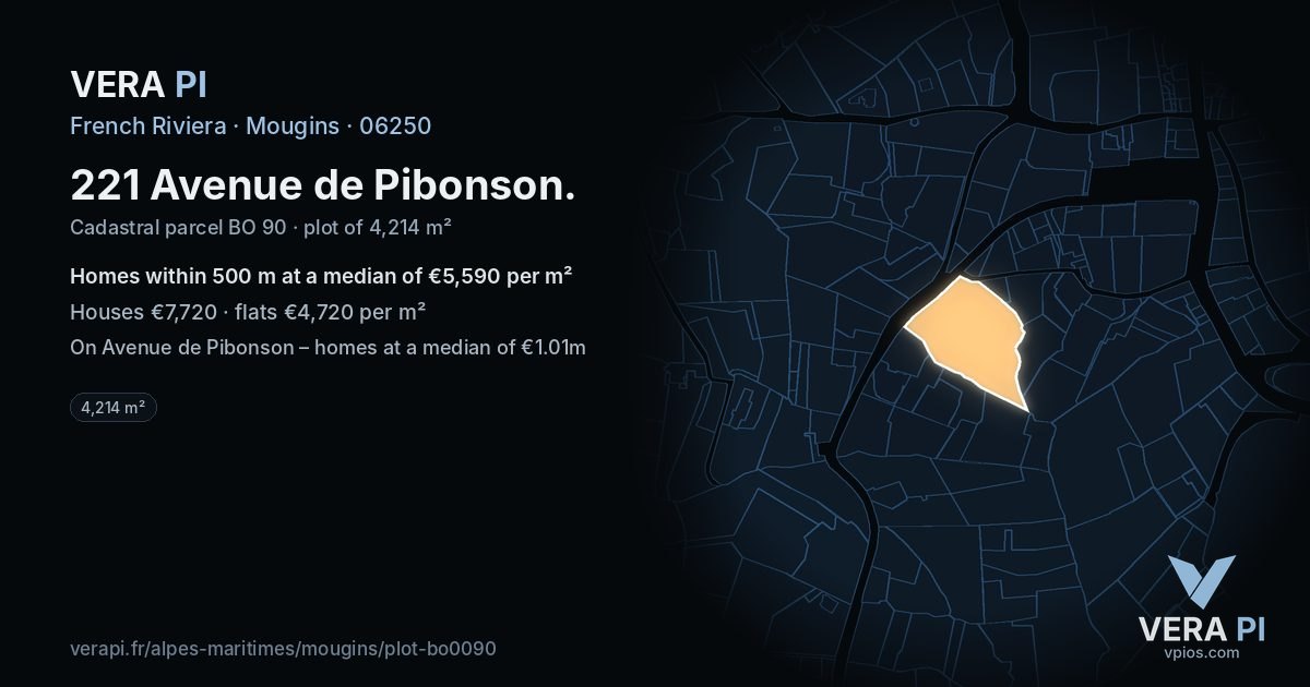 221 Avenue de Pibonson, Mougins at night – the plot lit, the parcels around coloured by the prices near them