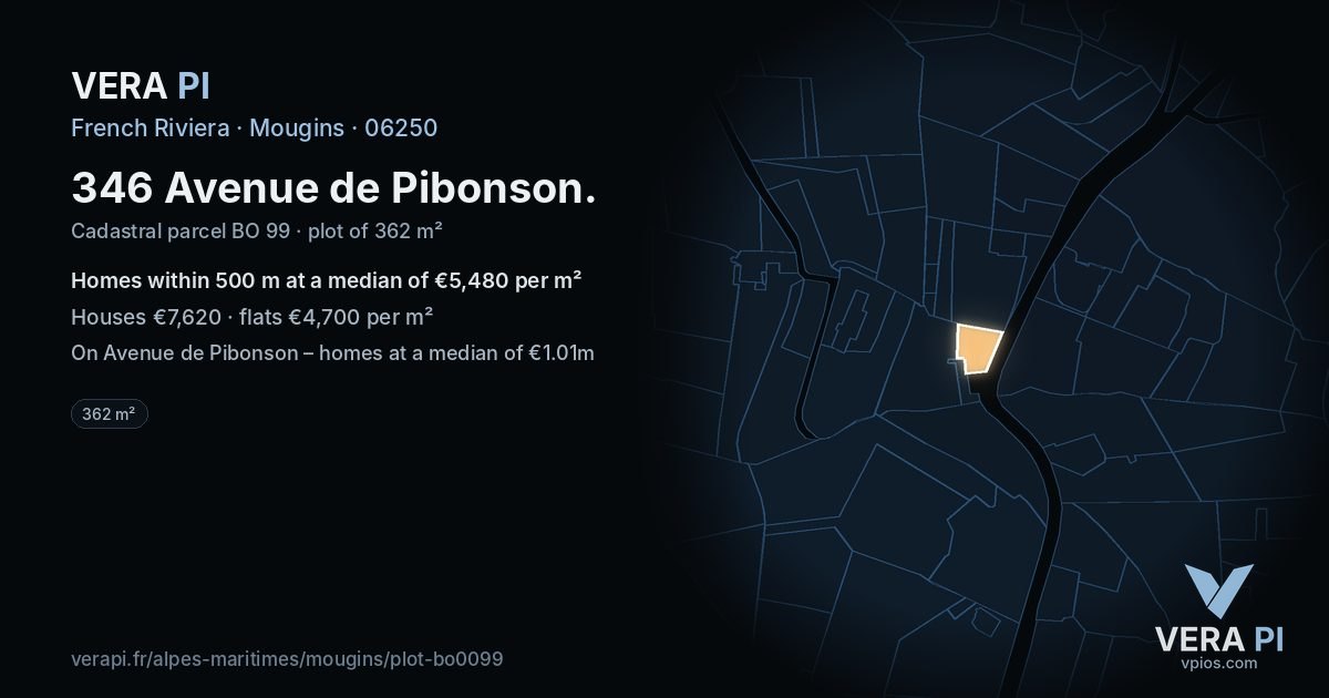 346 Avenue de Pibonson, Mougins at night – the plot lit, the parcels around coloured by the prices near them