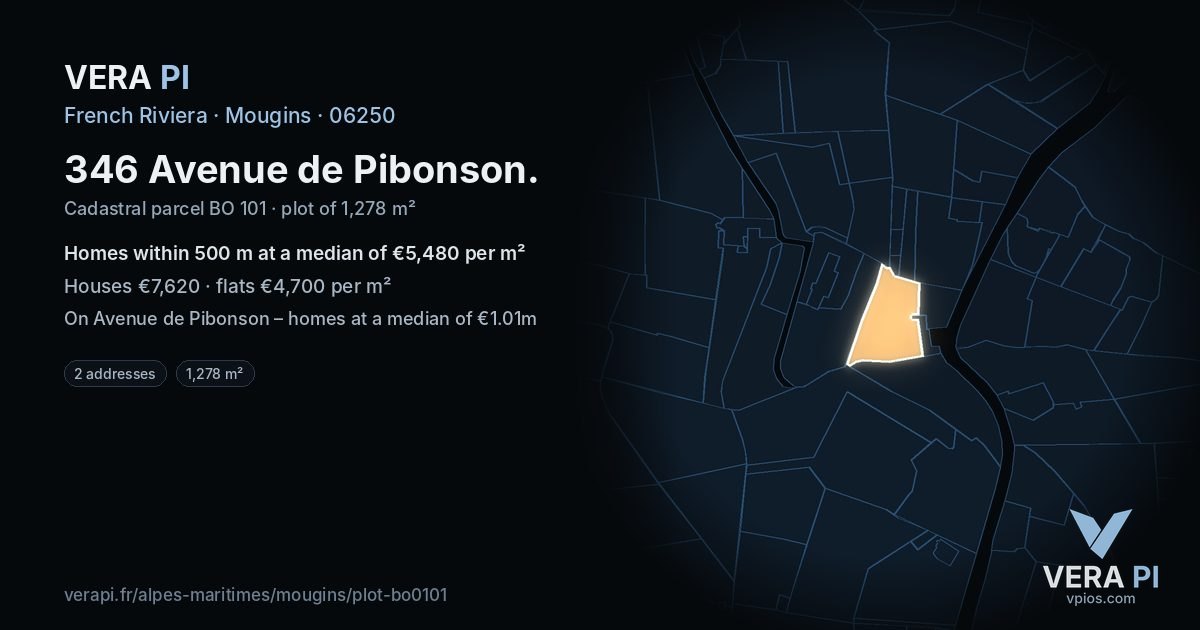 346 Avenue de Pibonson, Mougins at night – the plot lit, the parcels around coloured by the prices near them