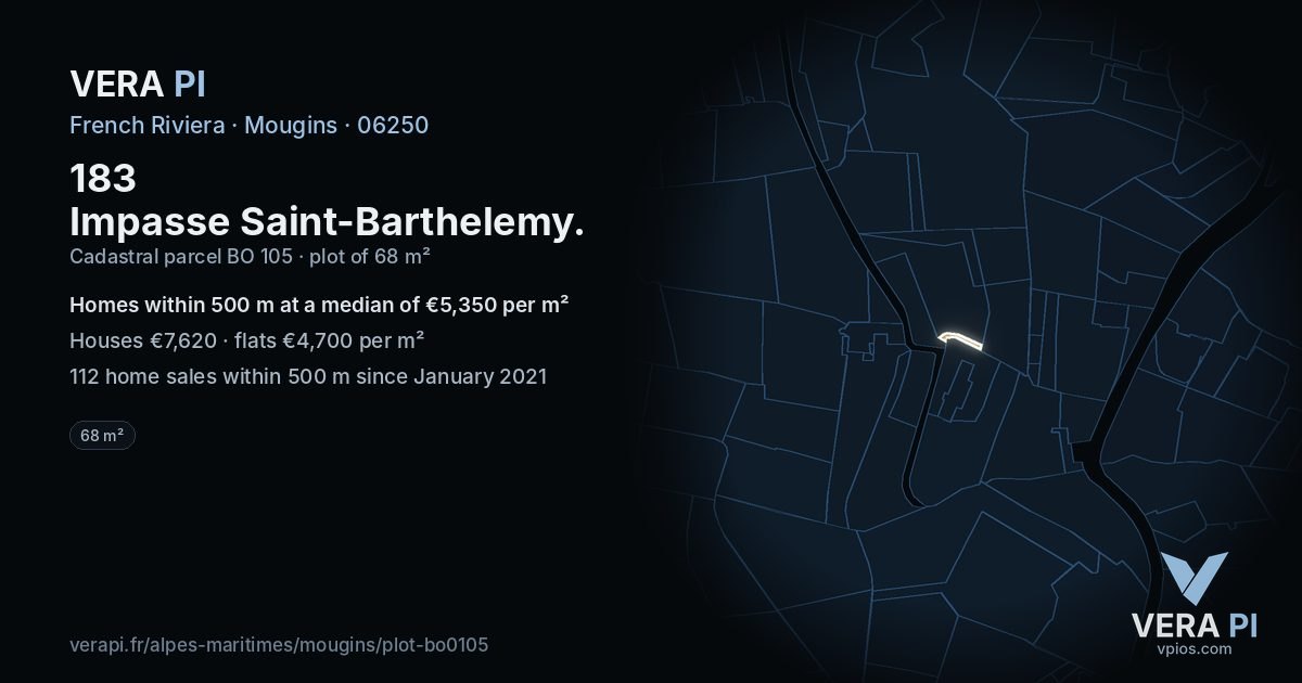 183 Impasse Saint-Barthelemy, Mougins at night – the plot lit, the parcels around coloured by the prices near them
