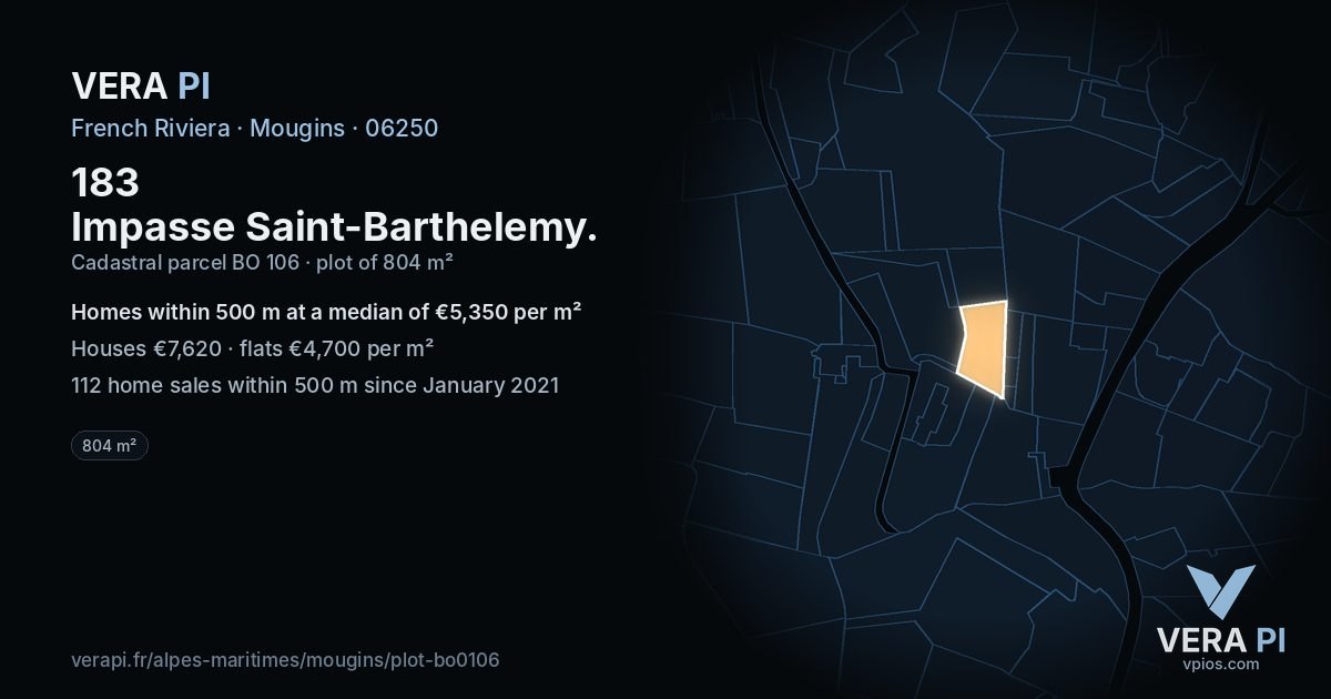 183 Impasse Saint-Barthelemy, Mougins at night – the plot lit, the parcels around coloured by the prices near them