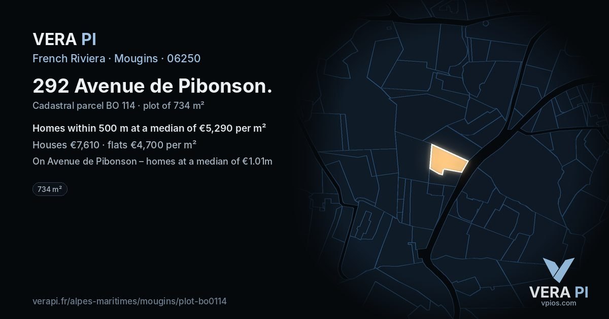 292 Avenue de Pibonson, Mougins at night – the plot lit, the parcels around coloured by the prices near them