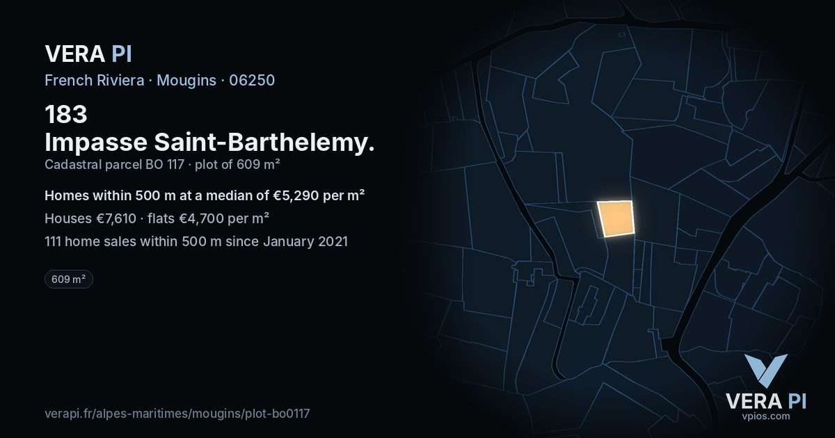 183 Impasse Saint-Barthelemy, Mougins at night – the plot lit, the parcels around coloured by the prices near them