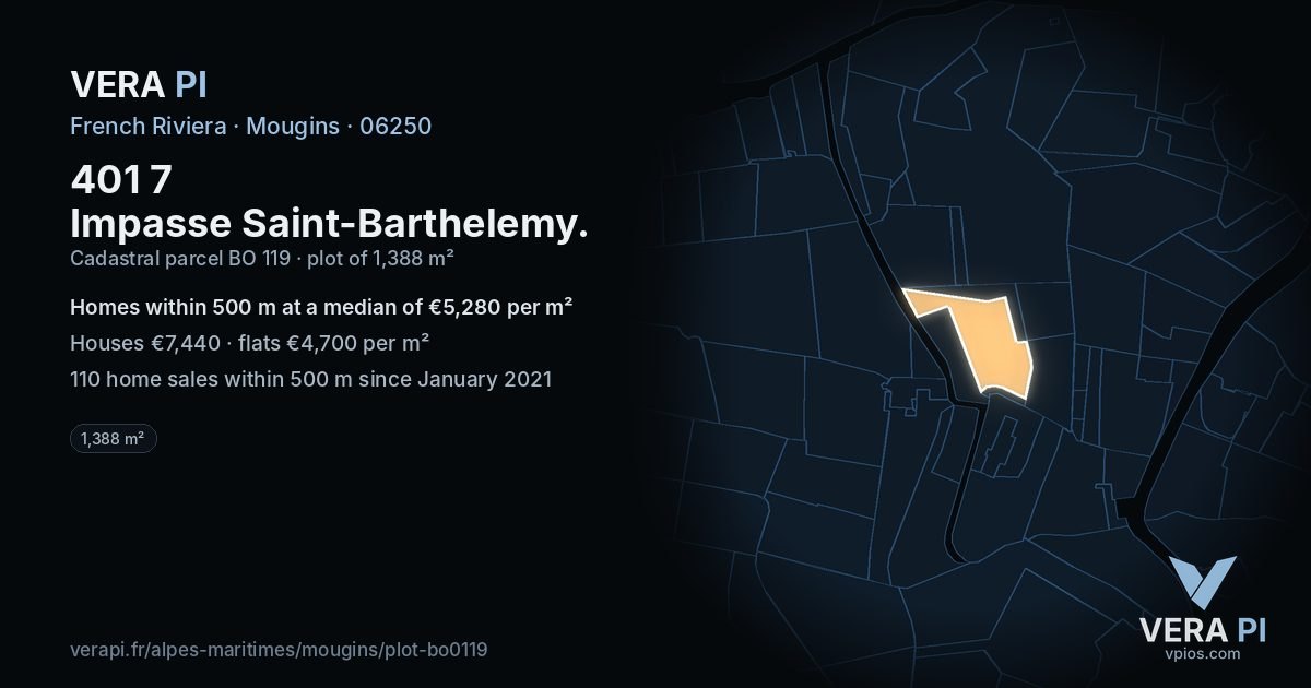 401 7 Impasse Saint-Barthelemy, Mougins at night – the plot lit, the parcels around coloured by the prices near them