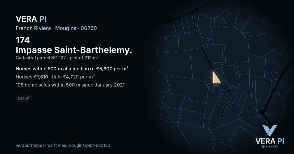 174 Impasse Saint-Barthelemy, Mougins at night – the plot lit, the parcels around coloured by the prices near them