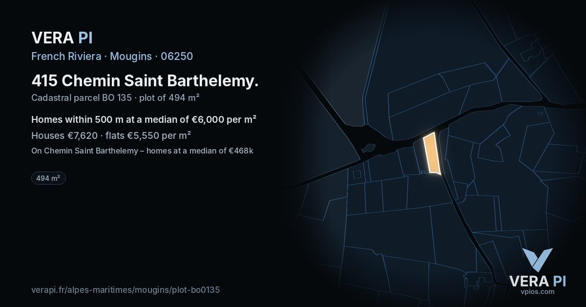 415 Chemin Saint Barthelemy, Mougins at night – the plot lit, the parcels around coloured by the prices near them