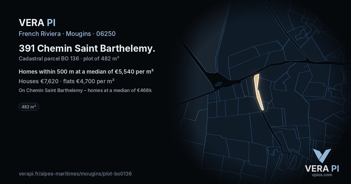 391 Chemin Saint Barthelemy, Mougins at night – the plot lit, the parcels around coloured by the prices near them