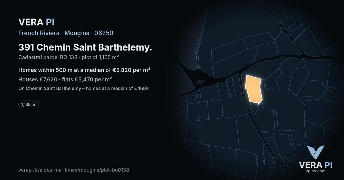 391 Chemin Saint Barthelemy, Mougins at night – the plot lit, the parcels around coloured by the prices near them