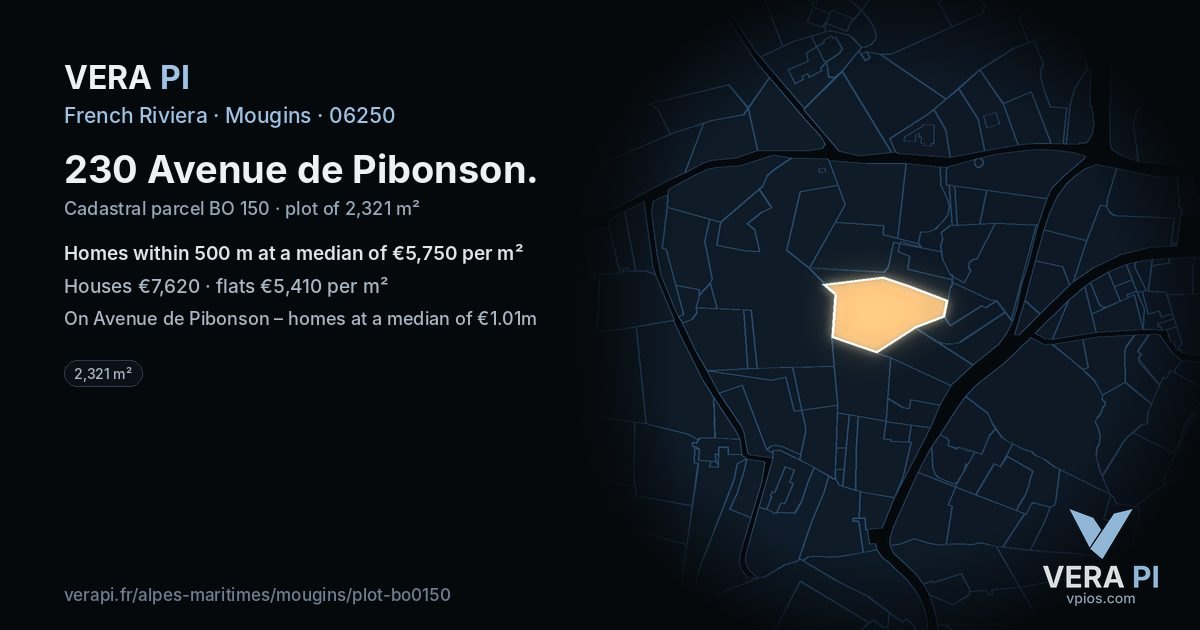 230 Avenue de Pibonson, Mougins at night – the plot lit, the parcels around coloured by the prices near them