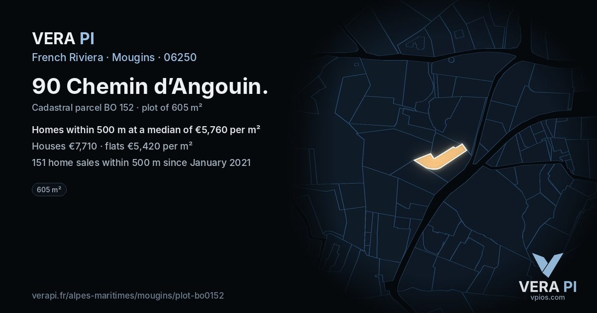 90 Chemin d’Angouin, Mougins at night – the plot lit, the parcels around coloured by the prices near them