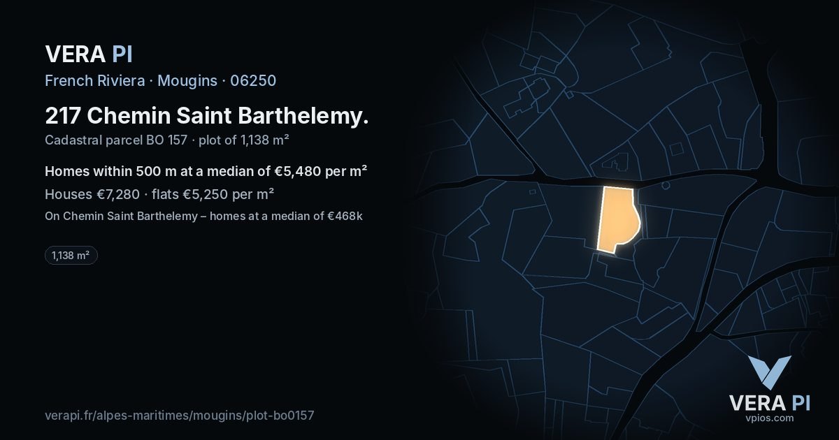 217 Chemin Saint Barthelemy, Mougins at night – the plot lit, the parcels around coloured by the prices near them