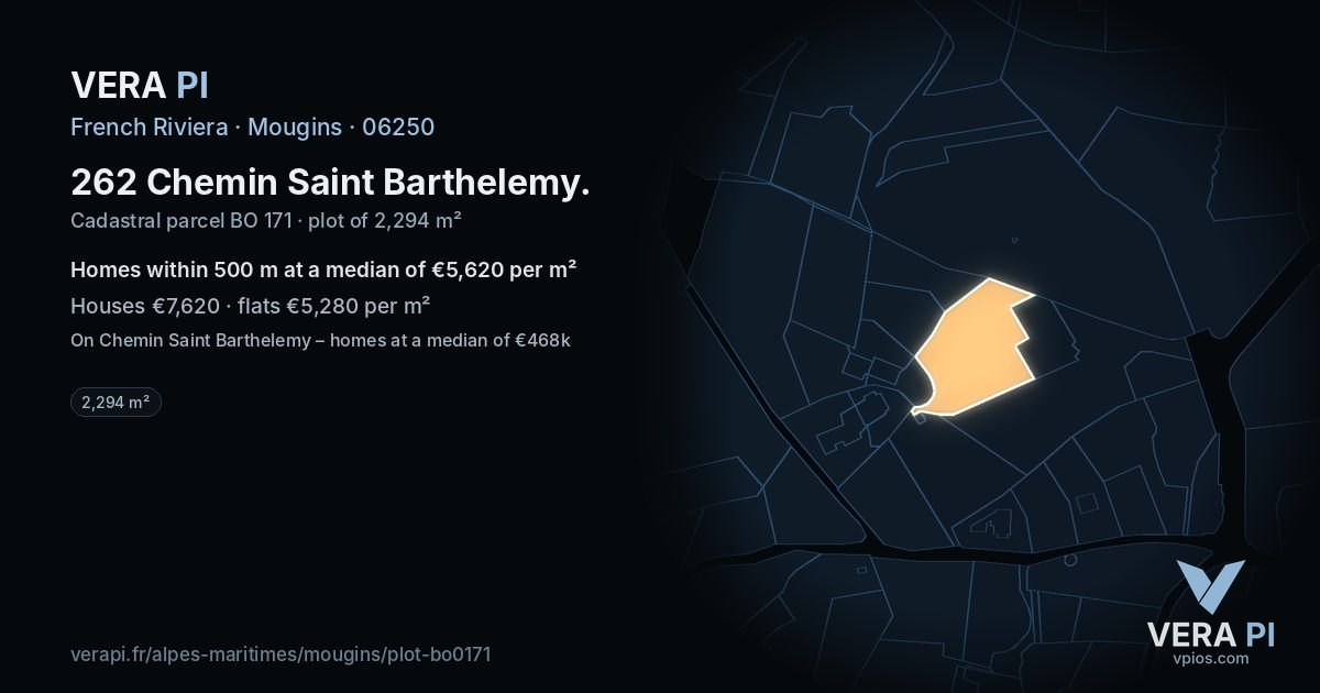 262 Chemin Saint Barthelemy, Mougins at night – the plot lit, the parcels around coloured by the prices near them