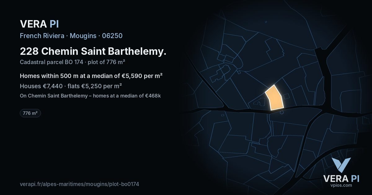228 Chemin Saint Barthelemy, Mougins at night – the plot lit, the parcels around coloured by the prices near them